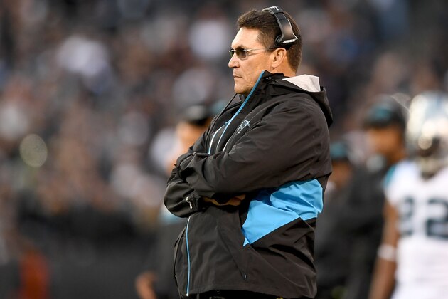 OAKLAND, CA - NOVEMBER 27:  Head coach Ron Rivera of the Carolina Panthers looks on from the sidelines against the Oakland Raiders during an NFL football game on November 27, 2016 at the Oakland-Alameda County Coliseum in Oakland, California.  (Photo by Thearon W. Henderson/Getty Images)