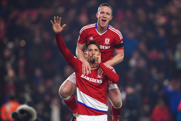 MIDDLESBROUGH, ENGLAND - DECEMBER 05:  Gaston Ramirez of Middlesbrough (front) celebrates with Adam Forshaw as he scores their first goal during the Premier League match between Middlesbrough and Hull City at Riverside Stadium on December 5, 2016 in Middlesbrough, England.  (Photo by Stu Forster/Getty Images)