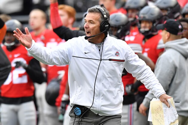 COLUMBUS, OH - NOVEMBER 26:   Head coach Urban Meyer of the Ohio State Buckeyes reacts on the sideline during overtime of the game against the Michigan Wolverines at Ohio Stadium on November 26, 2016 in Columbus, Ohio.  (Photo by Jamie Sabau/Getty Images)