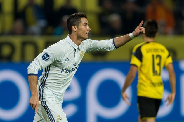 Dortmund, Germany 27.09.2016, UEFA Champions League - 2016/17 Season, Group F - Matchday 2, BV Borussia Dortmund - Real Madrid,  Cristiano Ronaldo (Real Madrid) jubelt nach seinem treffer  zum 0:1   (Photo by TF-Images/Getty Images)