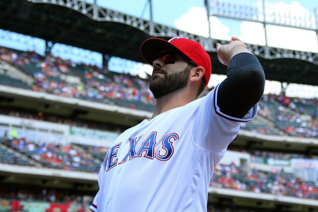 ARLINGTON, TX - AUGUST 28: Mitch Moreland #18 of the Texas Rangers warms up before the game against the Cleveland Indians at Globe Life Park in Arlington on August 28, 2016 in Arlington, Texas. (Photo by Rick Yeatts/Getty Images)