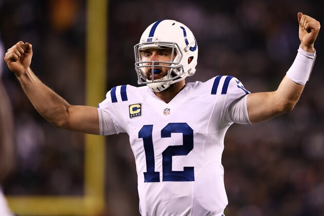EAST RUTHERFORD, NJ - DECEMBER 05:  Andrew Luck #12 of the Indianapolis Colts celebrates a touchdown in the fourth quarter against the New York Jets during their game at MetLife Stadium on December 5, 2016 in East Rutherford, New Jersey.  (Photo by Elsa/Getty Images)