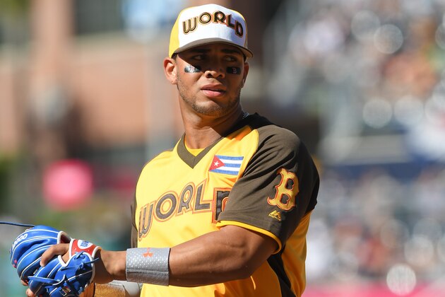 SAN DIEGO, CA - JULY 10:  Boston Red Sox prospect Yoan Moncada #11 of the World Team looks on during the SiriusXM All-Star Futures Game at PETCO Park on July 10, 2016 in San Diego, California. The World Team defeated the U.S. Team 11-3.  (Photo by Mark Cunningham/MLB Photos via Getty Images)