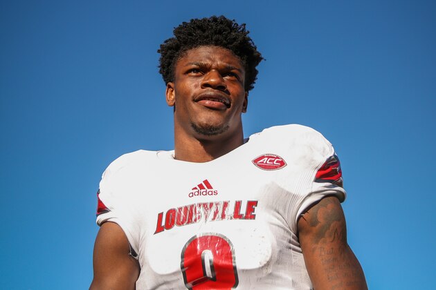 CHESTNUT HILL, MA - NOVEMBER 05: Lamar Jackson #8 of Louisville reacts following a game against Boston College at Alumni Stadium on November 5, 2016 in Chestnut Hill, Massachusetts.  (Photo by Billie Weiss/Getty Images)