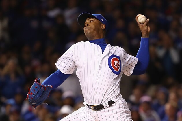 CHICAGO, IL - OCTOBER 30:  Aroldis Chapman #54 of the Chicago Cubs pitches in the seventh inning against the Cleveland Indians in Game Five of the 2016 World Series at Wrigley Field on October 30, 2016 in Chicago, Illinois.  (Photo by Elsa/Getty Images)
