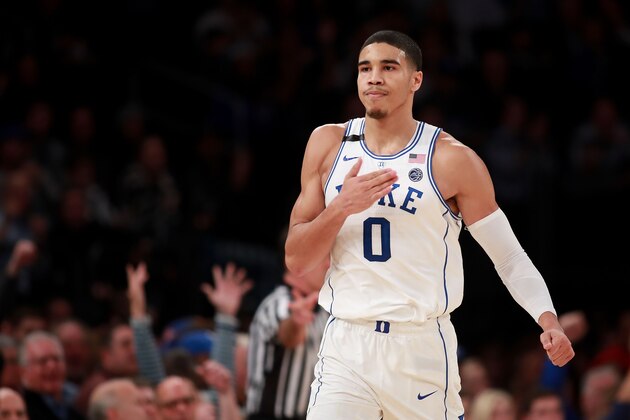 NEW YORK, NY - DECEMBER 06:  Jayson Tatum #0 of the Duke Blue Devils reacts against the Florida Gators in the first half during the Jimmy V Classic at Madison Square Garden on December 6, 2016 in New York City.  (Photo by Michael Reaves/Getty Images)