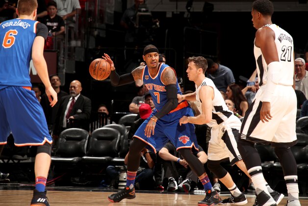 MIAMI, FL - DECEMBER 6:  Carmelo Anthony #7 of the New York Knicks handles the ball against the Miami Heat on December 6, 2016 at American Airlines Arena in Miami, Florida. NOTE TO USER: User expressly acknowledges and agrees that, by downloading and or using this Photograph, user is consenting to the terms and conditions of the Getty Images License Agreement. Mandatory Copyright Notice: Copyright 2016 NBAE (Photo by Issac Baldizon/NBAE via Getty Images)