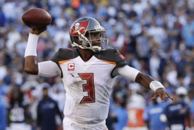 Tampa Bay Buccaneers quarterback Jameis Winston passes against the San Diego Chargers during the second half of an NFL football game Sunday, Dec. 4, 2016, in San Diego. (AP Photo/Gregory Bull)