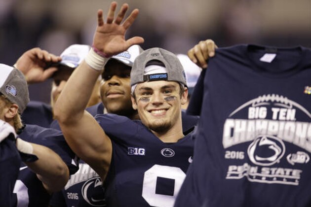 Penn State quarterback Trace McSorley celebrates following the Big Ten championship NCAA college football game against Wisconsin Saturday, Dec. 3, 2016, in Indianapolis. Penn State won 38-31. (AP Photo/AJ Mast)