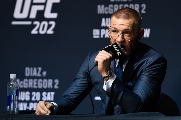 LAS VEGAS, NV - AUGUST 20:  Conor McGregor of Ireland speaks with the media during the UFC 202 news conference at T-Mobile Arena on August 20, 2016 in Las Vegas, Nevada. (Photo by Jeff Bottari/Zuffa LLC/Zuffa LLC via Getty Images)