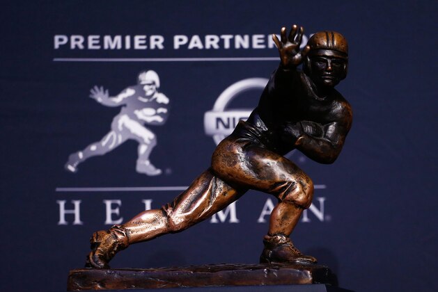 NEW YORK, NY - DECEMBER 12:  A general view of the Heisman Trophy during a press conference prior to the 2015 Heisman Trophy Presentation at the Marriott Marquis on December 12, 2015 in New York City.  (Photo by Mike Stobe/Getty Images)