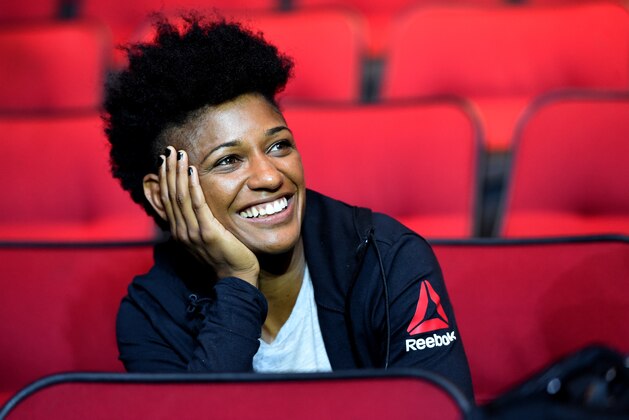 HOUSTON, TX - OCTOBER 02:  Angela Hill waits backstage during the UFC 192 weigh-in at the Toyota Center on October 2, 2015 in Houston, Texas. (Photo by Mike Roach/Zuffa LLC/Zuffa LLC via Getty Images)
