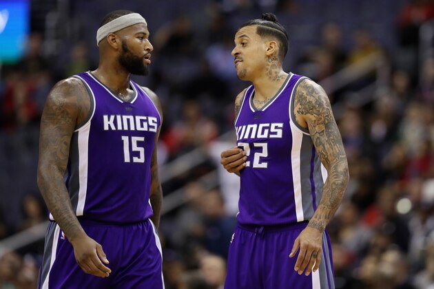 WASHINGTON, DC - NOVEMBER 28: DeMarcus Cousins #15 and Matt Barnes #22 of the Sacramento Kings talk on the floor against the Washington Wizards at Verizon Center on November 28, 2016 in Washington, DC. NOTE TO USER: User expressly acknowledges and agrees that, by downloading and or using this photograph, User is consenting to the terms and conditions of the Getty Images License Agreement.  (Photo by Rob Carr/Getty Images)