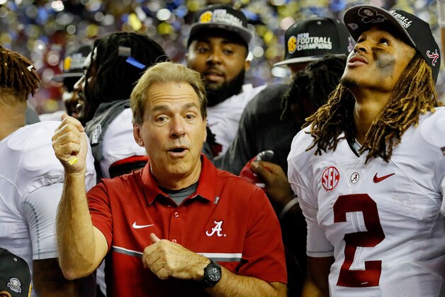 ATLANTA, GA - DECEMBER 03:  Head coach Nick Saban and Jalen Hurts #2 of the Alabama Crimson Tide celebrate their 54 to 16 win over the Florida Gators during the SEC Championship game at the Georgia Dome on December 3, 2016 in Atlanta, Georgia.  (Photo by Kevin C. Cox/Getty Images)