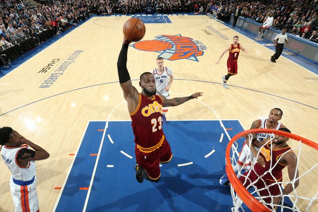 NEW YORK CITY - DECEMBER 7: LeBron James #23 of the Cleveland Cavaliers dunks during a game between the Cleveland Cavaliers and the New York Knicks at Madison Square Garden in New York, New York. NOTE TO USER: User expressly acknowledges and agrees that, by downloading and/or using this Photograph, user is consenting to the terms and conditions of the Getty Images License Agreement. Mandatory Copyright Notice: Copyright 2016 NBAE (Photo by Nathaniel S. Butler/NBAE via Getty Images)