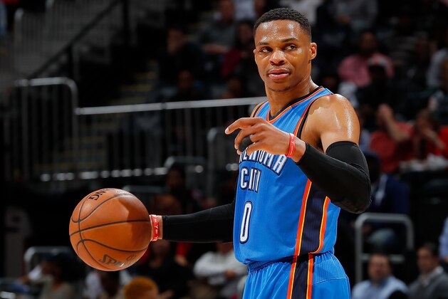 ATLANTA, GA - DECEMBER 05:  Russell Westbrook #0 of the Oklahoma City Thunder calls out to his teammates against the Atlanta Hawks at Philips Arena on December 5, 2016 in Atlanta, Georgia.  NOTE TO USER User expressly acknowledges and agrees that, by downloading and or using this photograph, user is consenting to the terms and conditions of the Getty Images License Agreement.  (Photo by Kevin C. Cox/Getty Images)