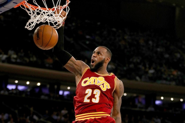 NEW YORK, NY - DECEMBER 07:  LeBron James #23 of the Cleveland Cavaliers dunks in the second quarter against the New York Knicks at Madison Square Garden on December 7, 2016 in New York City. NOTE TO USER: User expressly acknowledges and agrees that, by downloading and or using this Photograph, user is consenting to the terms and conditions of the Getty Images License Agreement  (Photo by Elsa/Getty Images)