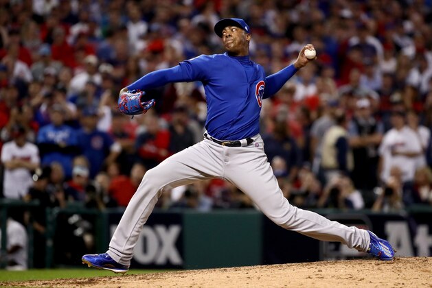 CLEVELAND, OH - NOVEMBER 02:  Aroldis Chapman #54 of the Chicago Cubs throws a pitch during the eighth inning against the Cleveland Indians in Game Seven of the 2016 World Series at Progressive Field on November 2, 2016 in Cleveland, Ohio.  (Photo by Ezra Shaw/Getty Images)