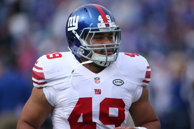 ORCHARD PARK, NY - OCTOBER 4: Nikita Whitlock #49 of the New York Giants warms up before the start of NFL game action against the Buffalo Bills at Ralph Wilson Stadium on October 4, 2015 in Orchard Park, New York. (Photo by Tom Szczerbowski/Getty Images)