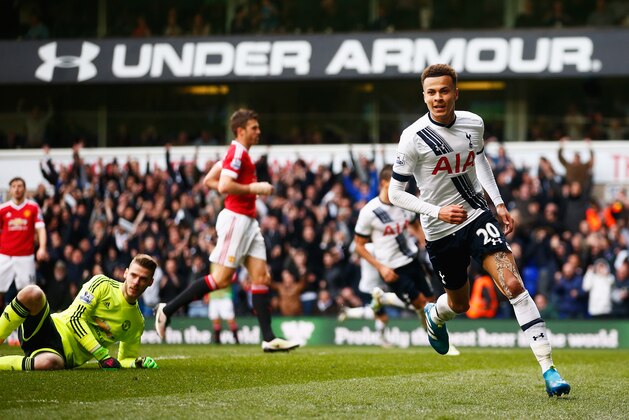 LONDON, UNITED KINGDOM - APRIL 10:  Dele Alli of Tottenham Hotspur celebrates as he scores their first goal during the Barclays Premier League match between Tottenham Hotspur and Manchester United at White Hart Lane on April 10, 2016 in London, England.  (Photo by Julian Finney/Getty Images)