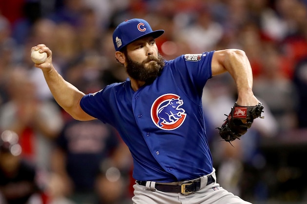 CLEVELAND, OH - NOVEMBER 01:  Jake Arrieta #49 of the Chicago Cubs throws a pitch during the first inning against the Cleveland Indians in Game Six of the 2016 World Series at Progressive Field on November 1, 2016 in Cleveland, Ohio.  (Photo by Elsa/Getty Images)
