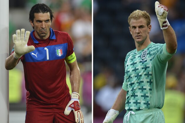 A combination of pictures made on June 21, 2012 shows Italian goalkeeper Gianluigi Buffon on June 18, 2012 at the Municipal Stadium in Poznan and English goalkeeper Joe Hart (R) on June 11, 2012 at the Donbass Arena in Donetsk during the Euro 2012 football championships. England will face Italy for the Euro 2012 football championships quarter-finals on June 24, 2012.     AFP PHOTO / ODD ANDERSEN - FILIPPO MONTEFORTE        (Photo credit should read STF/AFP/GettyImages)