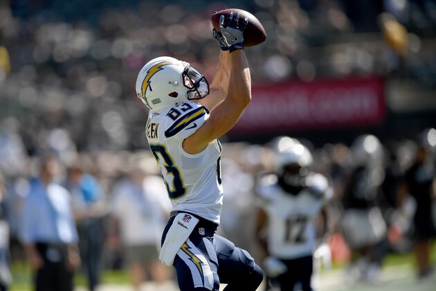 OAKLAND, CA - OCTOBER 09:  Griff Whalen #83 of the San Diego Chargers warms up during pregame warm ups prior to playing the Oakland Raiders in an NFL football game at Oakland-Alameda County Coliseum on October 9, 2016 in Oakland, California.  (Photo by Thearon W. Henderson/Getty Images)