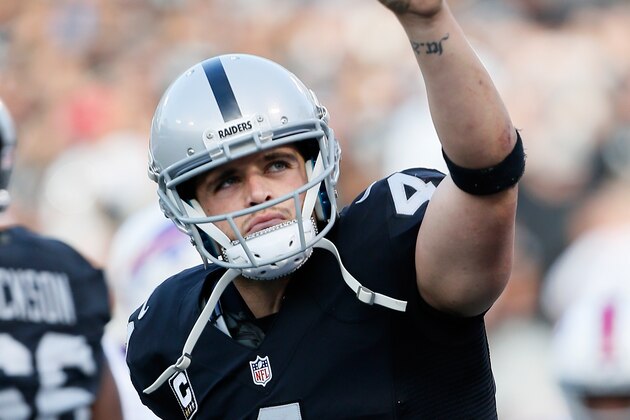 OAKLAND, CA - DECEMBER 04:  Derek Carr #4 of the Oakland Raiders celebrates after 1-yard rushing touchdown by Latavius Murray #28 against the Buffalo Bills during their NFL game at Oakland Alameda Coliseum on December 4, 2016 in Oakland, California.  (Photo by Brian Bahr/Getty Images)