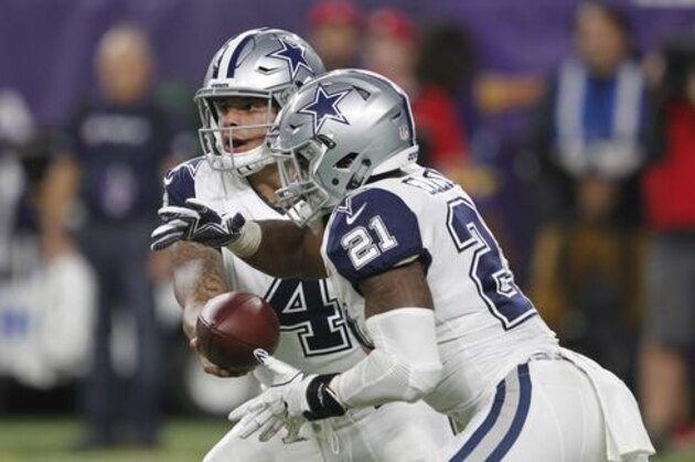 Dallas Cowboys quarterback Dak Prescott (4) hands the ball off to running back Ezekiel Elliott (21) during the first half of an NFL football game against the Minnesota Vikings Thursday, Dec. 1, 2016, in Minneapolis. (AP Photo/Andy Clayton-King)