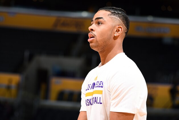 LOS ANGELES, CA - NOVEMBER 20: D'Angelo Russell #1 of the Los Angeles Lakers looks on before the game against the Chicago Bulls on November 20, 2016 at STAPLES Center in Los Angeles, California. NOTE TO USER: User expressly acknowledges and agrees that, by downloading and/or using this Photograph, user is consenting to the terms and conditions of the Getty Images License Agreement. Mandatory Copyright Notice: Copyright 2016 NBAE (Photo by Andrew D. Bernstein/NBAE via Getty Images)