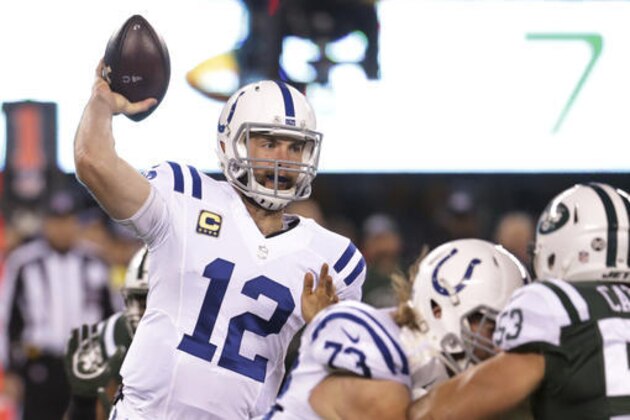 Indianapolis Colts quarterback Andrew Luck (12) throws a pass against the New York Jets during the first half of an NFL football game, Monday, Dec. 5, 2016, in East Rutherford, N.J. (AP Photo/Seth Wenig)
