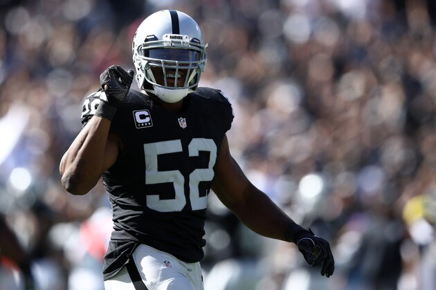 OAKLAND, CA - OCTOBER 09:  Khalil Mack #52 of the Oakland Raiders reacts after a play against the San Diego Chargers during their NFL game at Oakland-Alameda County Coliseum on October 9, 2016 in Oakland, California.  (Photo by Ezra Shaw/Getty Images)