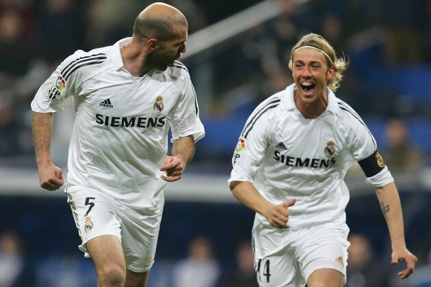 MADRID, SPAIN - FEBRUARY 4: Zinedine Zidane (L) of Real Madrid celebrates his goal with Guti during the Primera Liga match between Real Madrid and Espanyol at the Santiago Bernabeu stadium on February 4, 2006 in Madrid, Spain. (Photo by Denis Doyle/Getty Images)