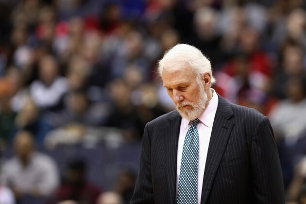 WASHINGTON, DC - NOVEMBER 26:  Head coach Gregg Popovich of the San Antonio Spurs looks on against the Washington Wizards at Verizon Center on November 26, 2016 in Washington, DC. NOTE TO USER: User expressly acknowledges and agrees that, by downloading and or using this photograph, User is consenting to the terms and conditions of the Getty Images License Agreement.  (Photo by Rob Carr/Getty Images)
