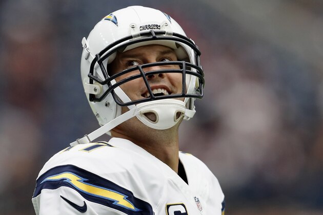 HOUSTON, TX - NOVEMBER 27: Philip Rivers #17 of the San Diego Chargers interacts with fans in the stands before the game against the Houston Texans at NRG Stadium on November 27, 2016 in Houston, Texas. (Photo by Tim Warner/Getty Images)