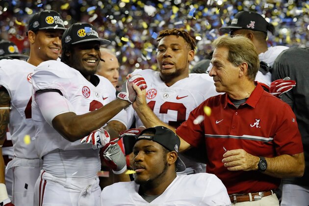 ATLANTA, GA - DECEMBER 03:  Head coach Nick Saban of the Alabama Crimson Tide celebrates with his team after their 54 to 16 win over the Florida Gators in the SEC Championship game at the Georgia Dome on December 3, 2016 in Atlanta, Georgia.  (Photo by Kevin C. Cox/Getty Images)