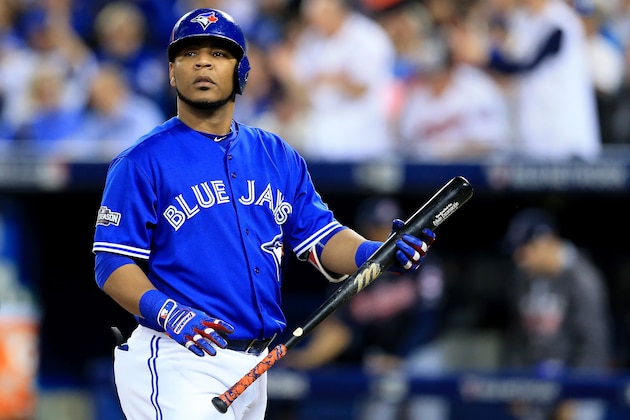 TORONTO, ON - OCTOBER 19:  Edwin Encarnacion #10 of the Toronto Blue Jays looks on against the Cleveland Indians during game five of the American League Championship Series at Rogers Centre on October 19, 2016 in Toronto, Canada.  (Photo by Vaughn Ridley/Getty Images)