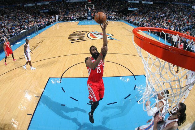 OKLAHOMA CITY, OK - DECEMBER 9: James Harden #13 of the Houston Rockets shoots the ball against the Oklahoma City Thunder on December 9, 2016 at Chesapeake Energy Arena in Oklahoma City, Oklahoma. NOTE TO USER: User expressly acknowledges and agrees that, by downloading and or using this photograph, User is consenting to the terms and conditions of the Getty Images License Agreement. Mandatory Copyright Notice: Copyright 2016 NBAE (Photo by Layne Murdoch/NBAE via Getty Images)