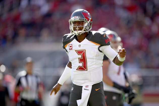 SANTA CLARA, CA - OCTOBER 23:  Jameis Winston #3 of the Tampa Bay Buccaneers reacts during their game against the San Francisco 49ers at Levi's Stadium on October 23, 2016 in Santa Clara, California.  (Photo by Ezra Shaw/Getty Images)