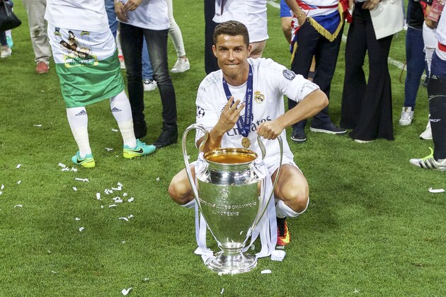 Cristiano Ronaldo of Real Madrid with Champions League trophy, Coupe des clubs Champions Europeeens during the UEFA Champions League final match between Real Madrid and Atletico Madrid on May 28, 2016 at the Giuseppe Meazza San Siro stadium in Milan, Italy.(Photo by VI Images via Getty Images)