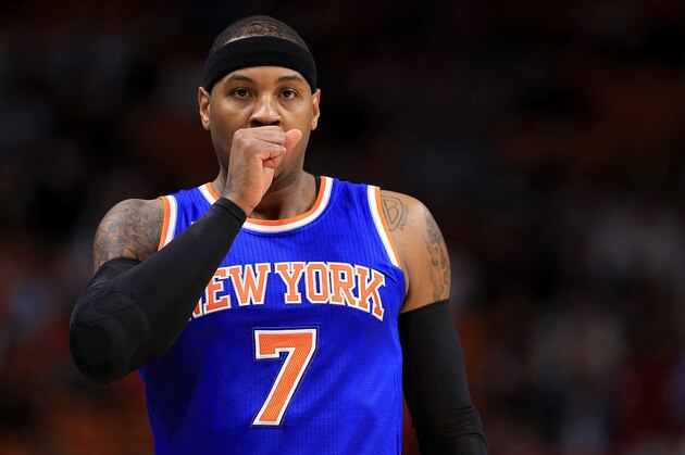 MIAMI, FL - DECEMBER 06:  Carmelo Anthony #7 of the New York Knicks looks on during a game against the Miami Heat at American Airlines Arena on December 6, 2016 in Miami, Florida. NOTE TO USER: User expressly acknowledges and agrees that, by downloading and or using this photograph, User is consenting to the terms and conditions of the Getty Images License Agreement.  (Photo by Mike Ehrmann/Getty Images)