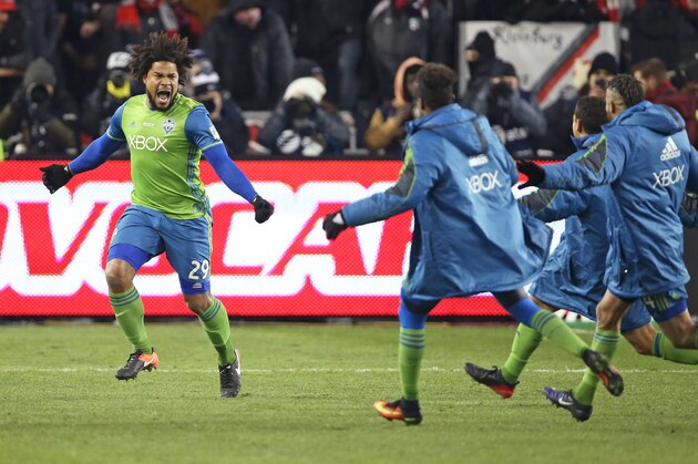 TORONTO, ONTARIO - DECEMBER 10:  Roman Torres #29 of the Seattle Sounders celebrates his championship winning goal against the Toronto FC in the 2016 MLS Cup at BMO Field on December 10, 2016 in Toronto, Ontario, Canada. Seattle defeated Toronto in the 6th round of extra time penalty kicks. (Photo by Claus Andersen/Getty Images)