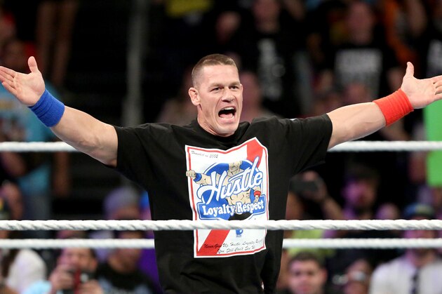 WWE wrestler John Cena celebrates his victory over opponent Rusev at Wrestlemania XXXI, on Sunday, March 29, 2015 in Santa Clara, CA. 2015 marks the first year Wrestlemania will be held in the San Francisco Bay Area, being made available to viewers in 177 countries via the WWE Network. (Don Feria/AP Images for WWE)