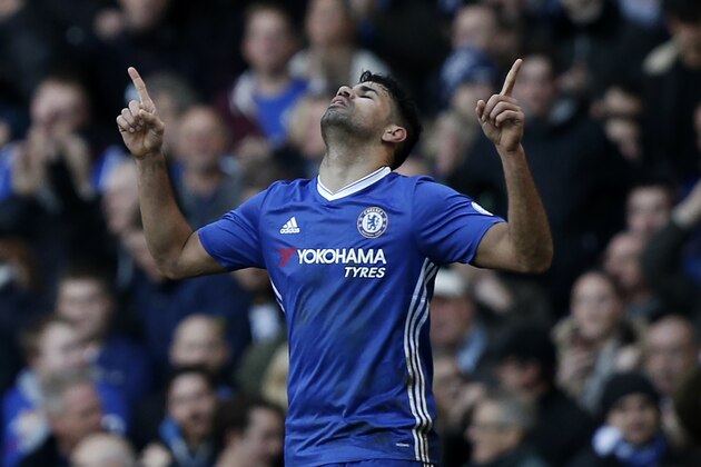 Chelsea's Brazilian-born Spanish striker Diego Costa celebrates after scoring the opening goal of the English Premier League football match between Chelsea and West Bromwich Albion at Stamford Bridge in London on December 11, 2016. / AFP / Adrian DENNIS / RESTRICTED TO EDITORIAL USE. No use with unauthorized audio, video, data, fixture lists, club/league logos or 'live' services. Online in-match use limited to 75 images, no video emulation. No use in betting, games or single club/league/player publications.  /         (Photo credit should read ADRIAN DENNIS/AFP/Getty Images)