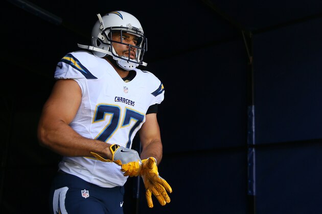 DENVER, CO - OCTOBER 30:  Running back Kenneth Farrow #27 of the San Diego Chargers walks on to the field before the game against the Denver Broncos at Sports Authority Field at Mile High on October 30, 2016 in Denver, Colorado. (Photo by Justin Edmonds/Getty Images)