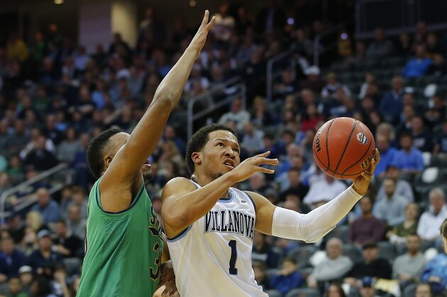 NEWARK, NJ - DECEMBER 10: Jalen Brunson #1 of the Villanova Wildcats attempts a shot as Bonzie Colson #35 of the Notre Dame Fighting Irish defends during the first half of a college basketball game at Prudential Center on December 10, 2016 in Newark, New Jersey. Villanova defeated Notre Dame 74-66. (Photo by Rich Schultz/Getty Images)
