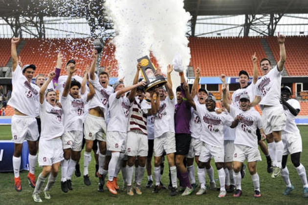 The Stanford players celebrate their win in penalty kicks over Wake Forest in an NCAA college soccer game, Sunday, Dec. 11, 2016, in Houston. (AP Photo/Eric Christian Smith)