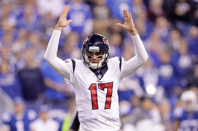 INDIANAPOLIS, IN - DECEMBER 11:  Quarterback Brock Osweiler #17 of the Houston Texans celebrates after a touchdown in the second quarter of the game against the Indianapolis Colts at Lucas Oil Stadium on December 11, 2016 in Indianapolis, Indiana.  (Photo by Andy Lyons/Getty Images)