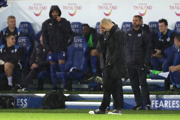 LEICESTER, ENGLAND - DECEMBER 10: Josep Guardiola, Manager of Manchester City is dejected after the final whistle during the Premier League match between Leicester City and Manchester City at the King Power Stadium on December 10, 2016 in Leicester, England.  (Photo by Christopher Lee/Getty Images)