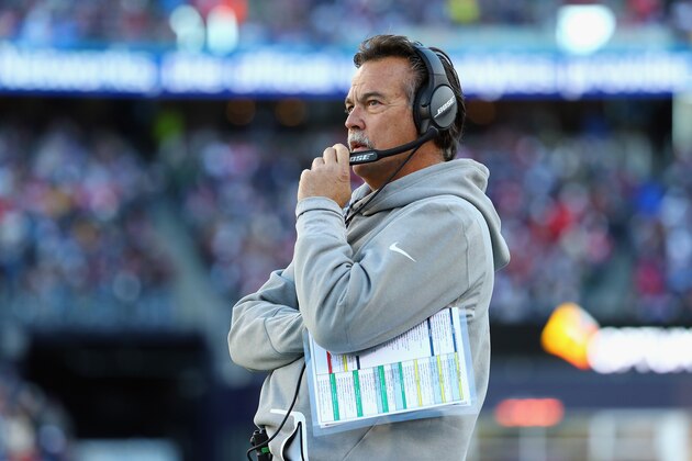 FOXBORO, MA - DECEMBER 04:  Head coach Jeff Fisher of the Los Angeles Rams looks on during the game against the New England Patriots at Gillette Stadium on December 4, 2016 in Foxboro, Massachusetts.  (Photo by Adam Glanzman/Getty Images)